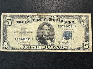 lot 8 image: 1953 A Blue Seal $5 Dollar Silver Certificate