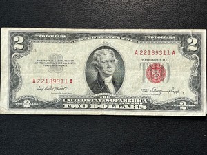 lot 22 image: 1953 Red Seal $2 Dollar United States Note Doubled Numbers