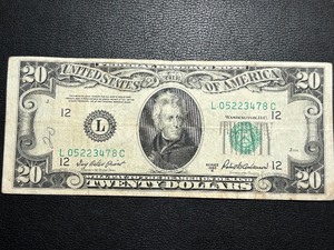 lot 48 image: 1950 B Green Seal $20 Dollar Federal Reserve Note