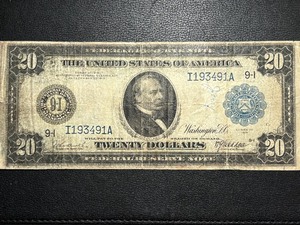 lot 49 image: 1914 Blue Seal $20 Dollar Federal Reserve Note