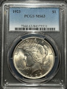 lot 57 image: 1923 Peace Dollar PCGS MS63