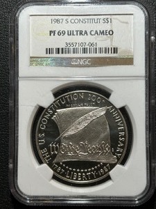 lot 124 image: 1987-S Constitution Silver Dollar Proof NGC PF69 Ultra Cameo