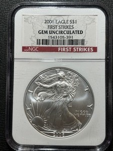lot 132 image: 2006 Silver Eagle NGC First Strike Gem Uncirculated