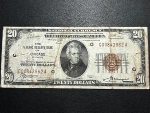 lot 86 image: 1929 Brown Seal $20 Dollar Bank of Chicago National Currency