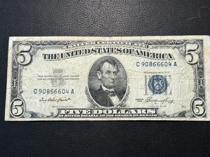 lot 182 image: 1953 Blue Seal $5 Dollar Silver Certificate Triple Number
