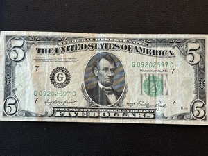 lot 191 image: 1950 A Green Seal $5 Dollar Federal Reserve Note