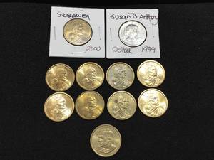 lot 198 image: 9 Sacagawea - 1 Susan B Anthony - 1 Presidential Dollar Coins