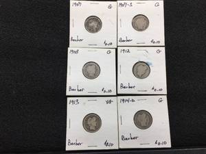 lot 202 image: 6 Barber Dimes 1907-1914
