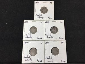 lot 211 image: 5 Seated Liberty Dimes 1838-1861