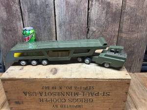 lot 266 image: Vintage Japan Pressed Steel Military Hauler - Friction Toy
