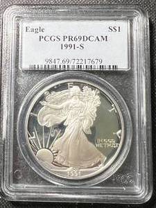 1991-S PROOF AMERICAN SILVER EAGLE PCGS PF69DCAM