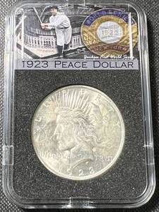 1923 US PEACE SILVER DOLLAR IN YANKEES WORLD SERIES SLAB