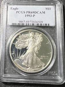 1993 PROOF AMERICAN SILVER EAGLE PCGS PR69DCAM