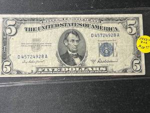 1953 US BLUE SEAL $5 SILVER CERTIFICATE