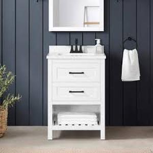 lot 12 image: Home Decorators Collection Autumn 24 in. Single Sink White Bath Vanity with White Engineered Stone Top (Assembled)    Customer Returns See Pictures