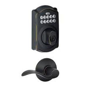 lot 29 image: Schlage Camelot Aged Bronze Electronic Door Lock Deadbolt with Accent Door Handle  Customer Returns See Pictures