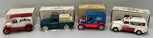 lot 35 image: Misc. Ertl Brand  Die-Cast Car Banks  With Misc. Advertisement (NIB)