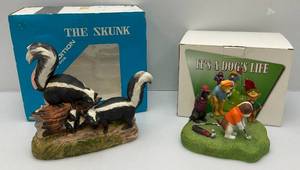 lot 52 image: Misc. Collectible Animal Decanters Incuding Skunks Used In Original Box & Its A Dogs Life NIB (Empty)