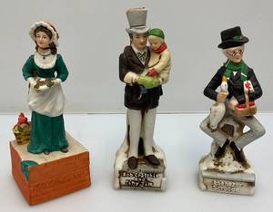 lot 60 image: 1970s Sky Country Collectible Christmas Carol Mr. & Mrs. Cratchit & Ebenezer Scrooge Miniature Decanters Empty