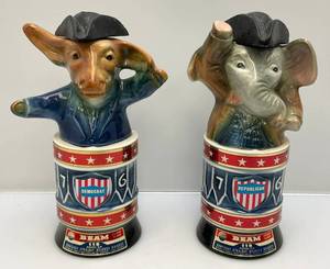 lot 121 image: Vintage 76 Beam Decanters Political Donkey  (AS SEEN) & Elephant Collectible Decanters (EMPTY)