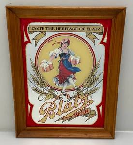 lot 127 image: 14 12 x 18 12 Framed Blatz Beer Mirror With Blatz Girl Design (New Old Stock)