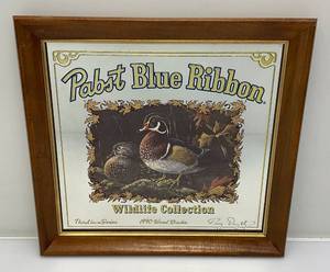 lot 128 image: 14 38 x 15 38 Framed Pabst Blue Ribbon Beer Mirror With Wood Ducks Design  (New Old Stock)