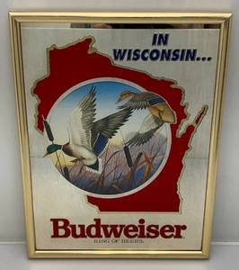 lot 129 image: 14 x 18 Budweiser Wisconsin Framed Mirror With Mallard Ducks (New Old Stock)