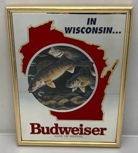 lot 130 image: 14 x 18 Budweiser Wisconsin Framed Mirror With Walleye Design (New Old Stock)