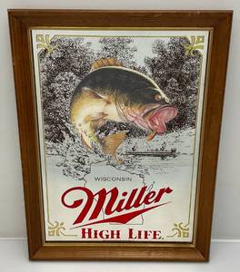 lot 131 image: 15 12 x 20 12 Framed Miller High Life  Wisconsin Mirror With Bass Design (New Old Stock)