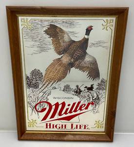 lot 135 image: 15 12 x 20 12 Framed Miller High Life  Wisconsin Mirror With Pheasant Design (New Old Stock)