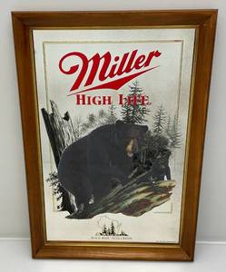lot 139 image: 15 12 x 20 12 Framed Miller High Life  Wisconsin Mirror With Black Bear Design (New Old Stock)