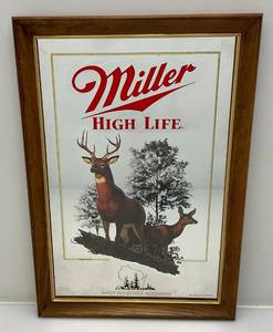 lot 140 image: 15 12 x 20 12 Framed Miller High Life  Wisconsin Mirror With White Tailed Deer Design (New Old Stock)
