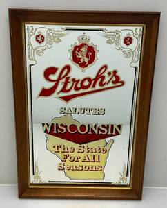 lot 142 image: 14 12 x 21 12 Framed Strohs Salutes Wisconsin The State FOR All Seasons Beer Mirror