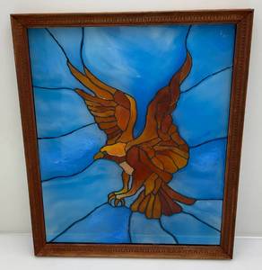 lot 165 image: Vintage 21 12 x 25 12 Painted Eagle Glass Panel (Stained Glass Look)