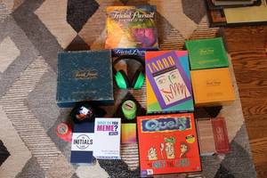 lot T-17 image: Collection of 6 Board Games and Party Games - Including Trivial Pursuit, Taboo, and Quelf