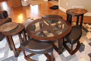 lot A-18 image: Modern Round Glass Top Dining Table with 4 Matching Cushioned Stools & Two matching end tables