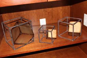 lot 29 image: Set of 3 Geometric Decorative Display Boxes - Metal Frame with Brown Accents