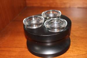 lot 37 image: Set of 3 Glass Candle Holders with Black Wooden Base