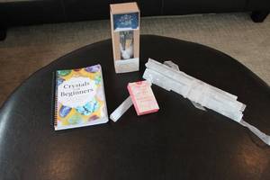lot 63 image: Lot of 4 Spiritual Items Crystals for Beginners Book, Sage Bundle, Intention Cards, and Selenite Sticks