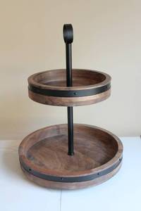 lot 73 image: Two-Tier Wooden Serving Stand with Black Metal Accents