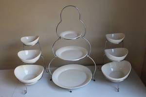 lot 92 image: Set of 7 Vintage White Ceramic Serving Bowls with Chrome Display Stand
