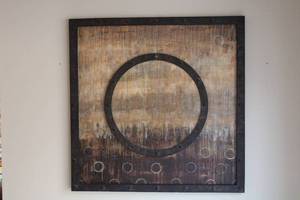lot 113 image: Framed Abstract Wall Art with Circular and Textured Design