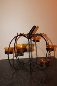 lot 143 image: Decorative Pumpkin-Shaped Candle Holder with Amber Glass Votives