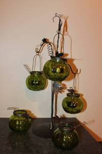 lot 145 image: Collection of 5 Green Glass Hanging Candle Holders with Metal Stand