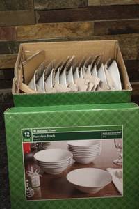 lot 169 image: Set of 12 Unopened Porcelain Bowls - White with Silver Trim
