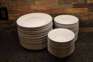 lot 198 image: Set of 32 White Porcelain Plates and Cups with Silver Rim