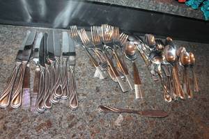 lot 218 image: Collection of Silver-Plated Flatware - 40 Pieces Including Knives, Forks, and Spoons