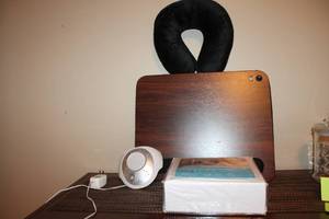 lot 227 image: Lot of 4 Items Cal King Mattress Protector, Sound Machine, Lap Desk, and Neck Pillow