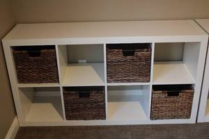 lot A-246 image: White Wooden Storage Unit with Woven Baskets - 8 Compartments