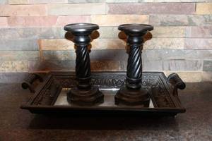lot 249 image: Set of 2 Decorative Candle Holders with Mirror Tray